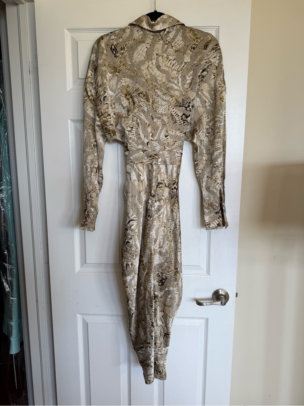Mable Satin Snake Print Midi Dress Size Small Neutral Tie-Waist Shirt Dress - Picture 6 of 6